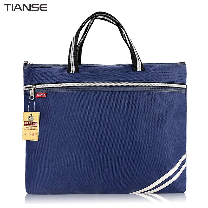 

TIANSE Oxford Cloth Briefcase Business Men Ladies Portable Zipper PU Leather File Bag Double Deck Data Package
