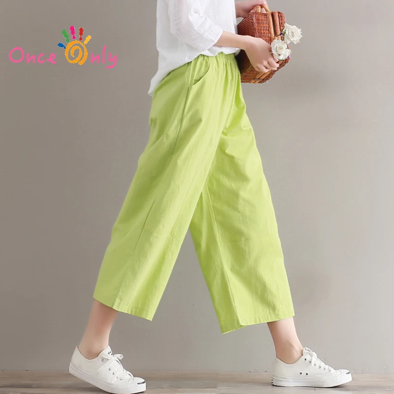 Cotton Linen Pants Elastic Waist Wide Leg Pants Casual Ankle Length ...