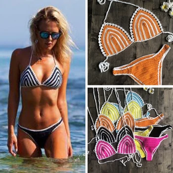 

2019 New Striped Swimsuit Women High Waist Micro Bikini Set Crochet Trim Bikini Sets Two Pieces Swimwear Girl Sexy Swimsuits