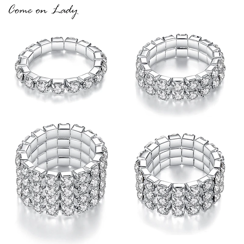 

4Pcs/Set Multiple-Rows Rings Set In Full Rhinestone Shine Bright Crystal Elasticity Adjustable Finger Rings For Women R028