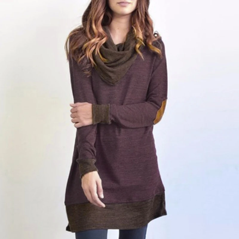 S-5XL Women Long Sleeve Thin Pullover Spring Autumn Blouse Patchwork Cowl Neck Ladies Long Tops Casual Shirts Elbow Patches New