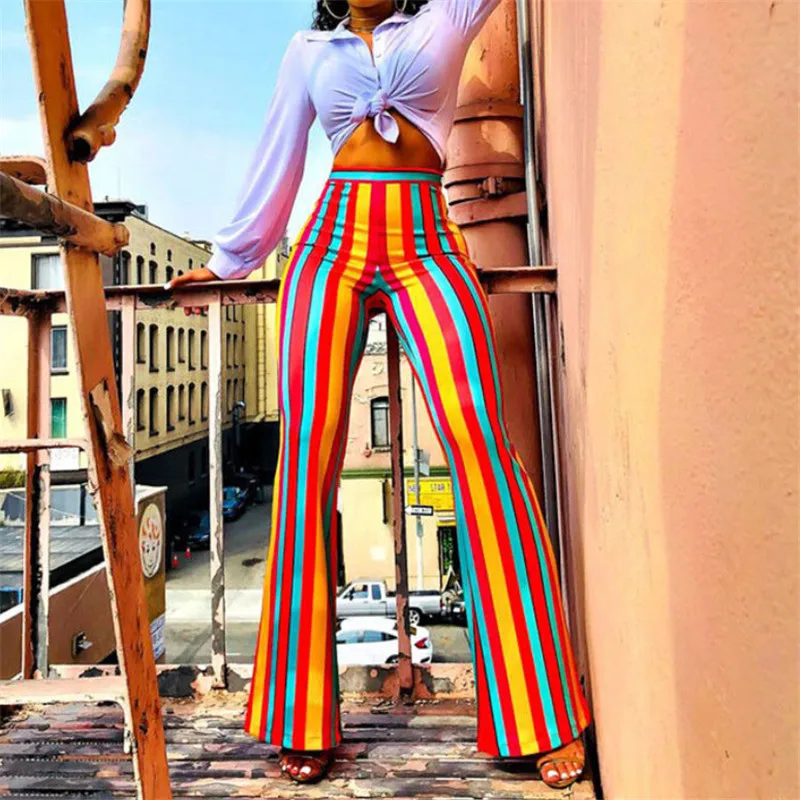 Women Colorful Striped Flare Pants Wide Leg High Waist Casual Trousers ...