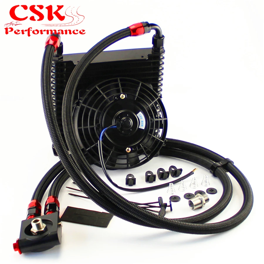 

10AN 32MM 17 Rows Universal Engine Oil Cooler+73 degree Thermostat Sandwich Plate kit +7" Electric Fan