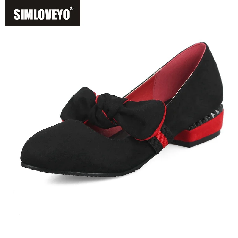 

SIMLOVEYO sweet Butterfly-knot Women's flats Round toe Ladies shoes Bowtie Flat with Slip on Black Red Big size 30-48