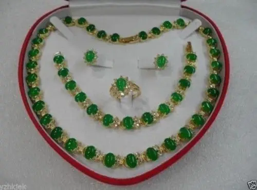 

Hot selling@> Jewelry 001275 women's jewelry green jade gem yellow gold Earring Bracelet Necklace Ring Natural jewelry -Bride je