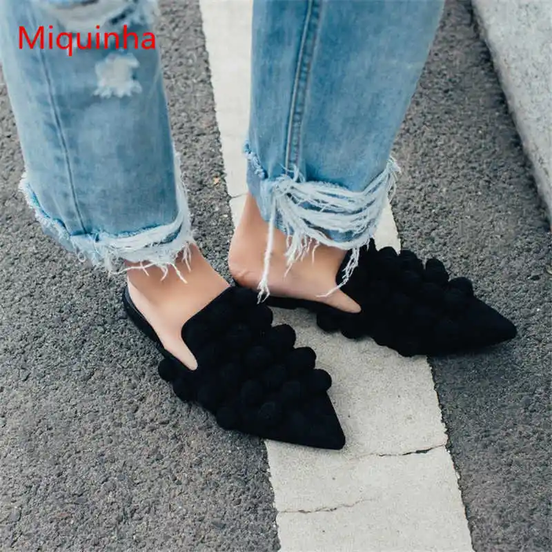 

Miquinha Pointed Toe Slip On Lazy Women Slipper Plaid Ball Decor Flats Street Style Slides Lady Girl Runway Fashion Brand Shoes