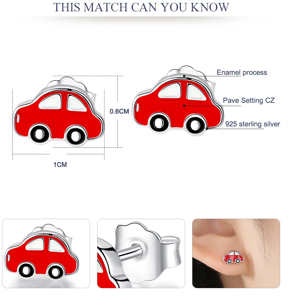 ELESHE Lovely 925 Sterling Sliver Red Enamel Toy Car Silver Stud Earrings for Women Children Boy Friend Fashion Jewelry Gift