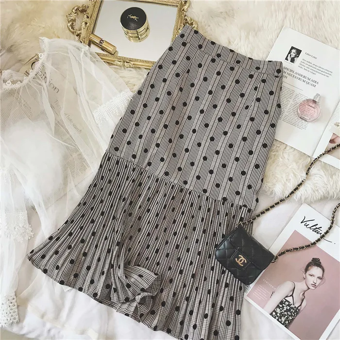 2019 frühling Neue Ankunft Plissee Meerjungfrau Rock Faldas Largas Elegantes Qualität Dot Gedruckt Vintage Rock Freies Verschiffen