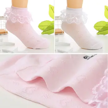 

1Pair Girls children breathable Summer short ankle sock Baby kid toddler cotton lace ruffle princess mesh socks White pink color