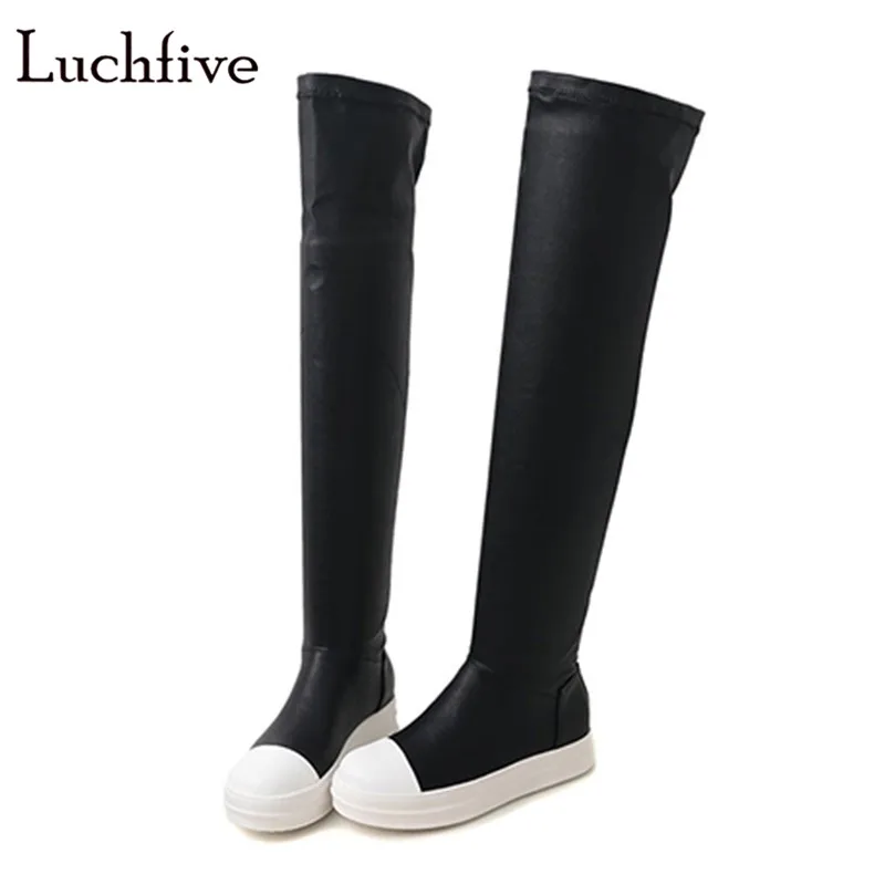 

Genuine leather long boots over the knee boots for women fashion round toe elastic thigh high boots black slip on shoes women