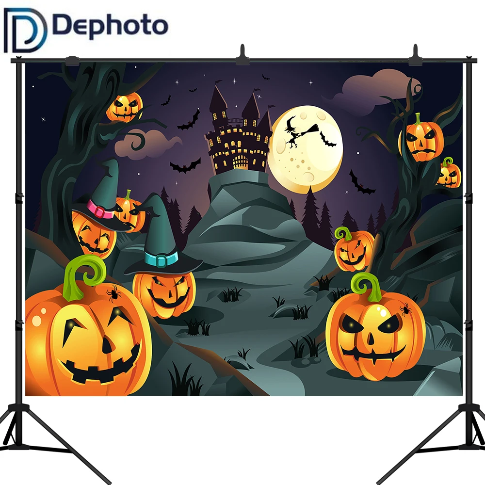 

Dephoto Halloween Themed Photography Backdrop Castle Pumpkin Witch Under Moonlight Background Photo Studio Photographer Props