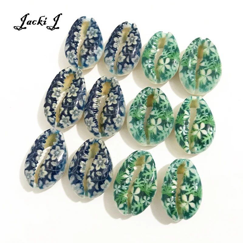 

Blue/Green Floral Print Natural Cowrie Sea Shell Loose Beads Conch Charm for Handmade DIY Jewelry Connectors 12pcs/Lot PD016