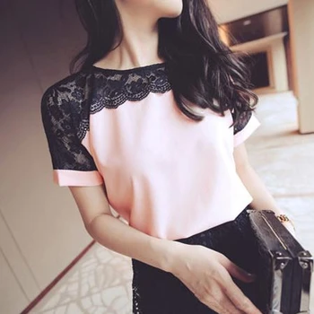

Korean Fashion Chiffon Women Blouses Lace Short Sleeve Pink Women Shirts Plus Size 4XL/5XL Womens Tops Blusas Femininas Elegante