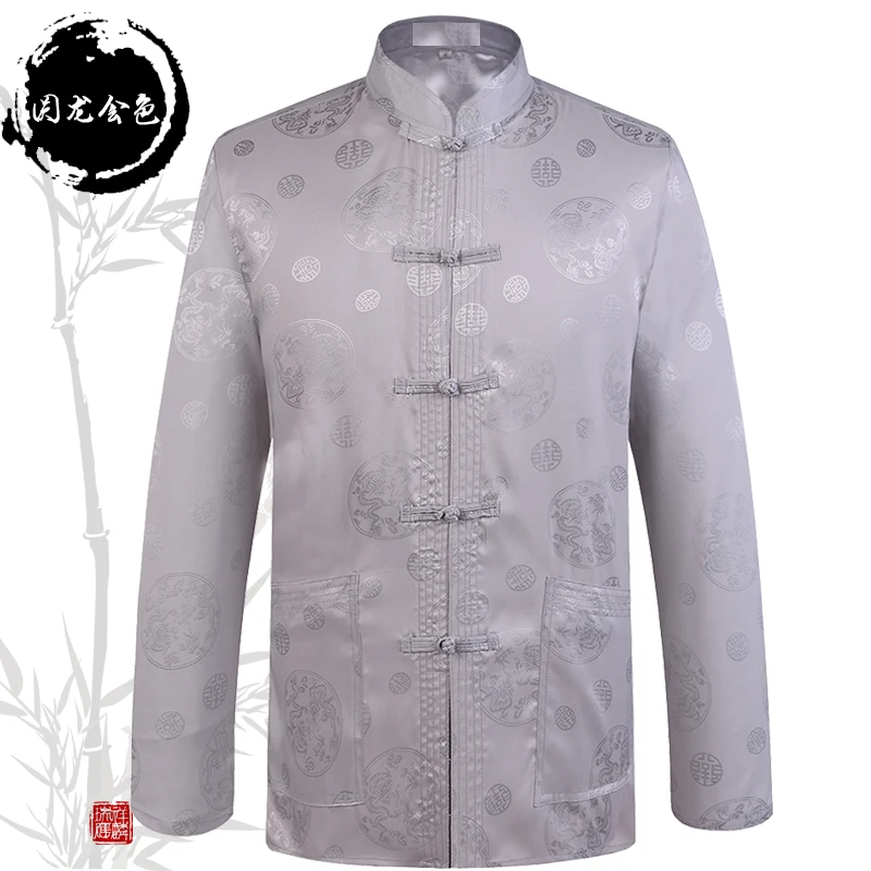 Chinese Kung Fu Shirts Men Mandarin Collar Dragon Print top Long Sleeve