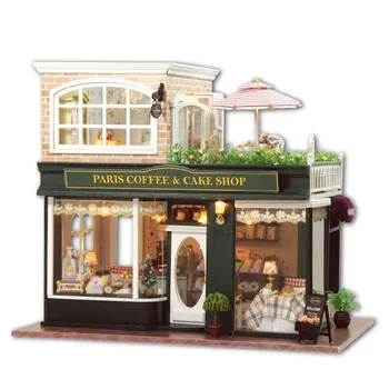 

Wood Dollhouse Furniture Kit Miniature Cake Coffee Shop Craft Model DIY Doll House With LED Lights And Music Birthday Xmas Gift