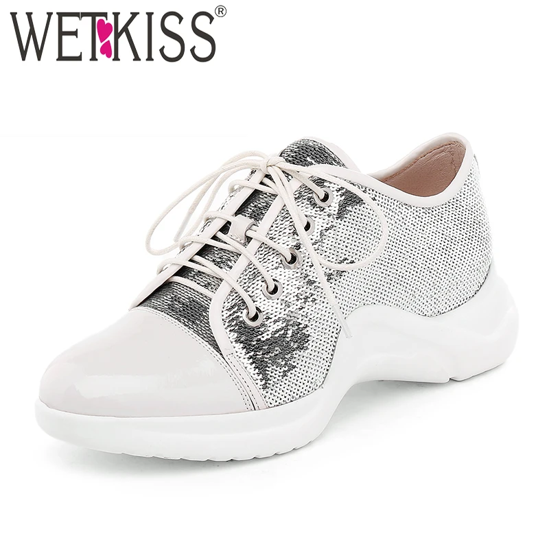 WETKISSкожа Женские туфли лодочки круглый носок на шнуровке обувь на платформе неуклюжим обувь вставить тупой папа кроссовки Для женщин 2018 осень купить на AliExpress
