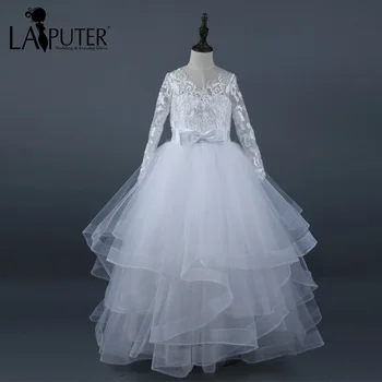 

Real Pictures V-neck Ball Gown Tulle White Flower Girl Dresses 2017 with Bow Sash Lace Appliques Buttons Back Ruffles Girl Dress