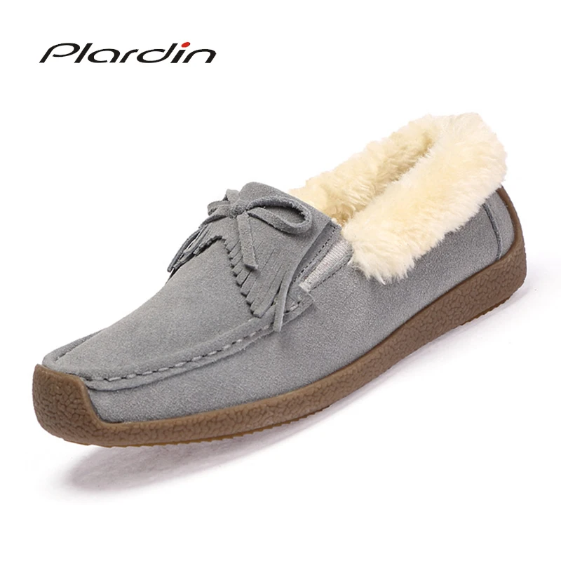 

Winter Fur Women Loafers Slip-on Leather Ladies Flats Warm Plush Driving Boat Shoes Woman Moccasins New Casual Female Solid Shoe