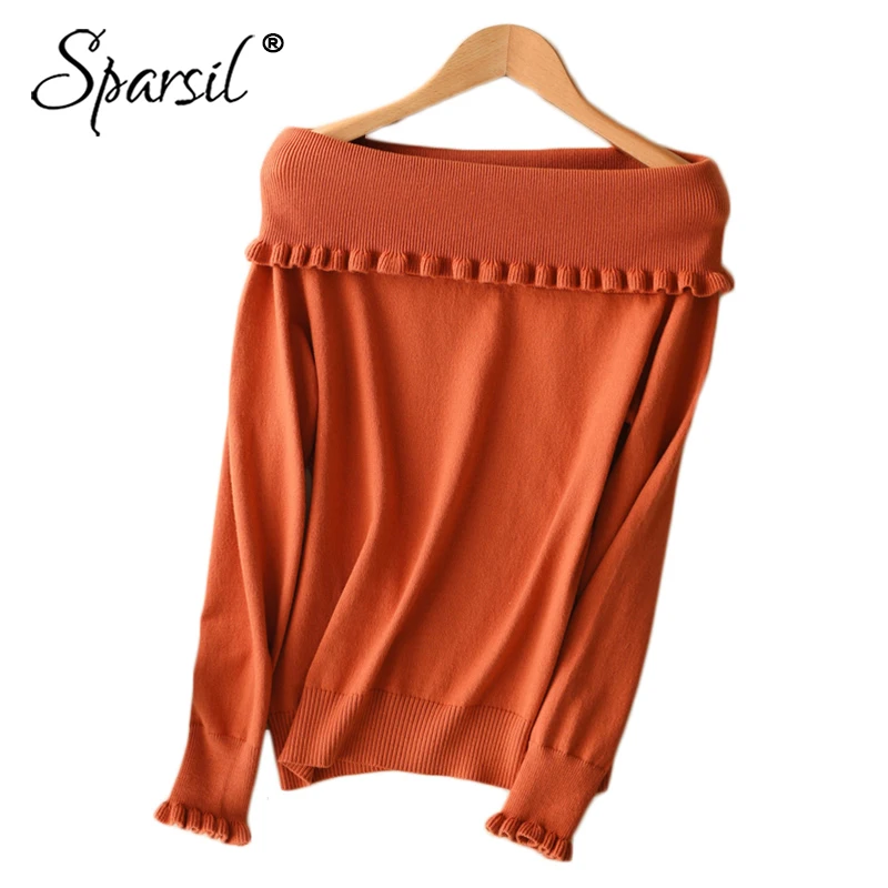 

Sparsil 2018 Women Autumn Wool Knitted Sweater Winter Slash Neck Ruffles Ruched Solid Cashmere Soft Female Pullover Jumper