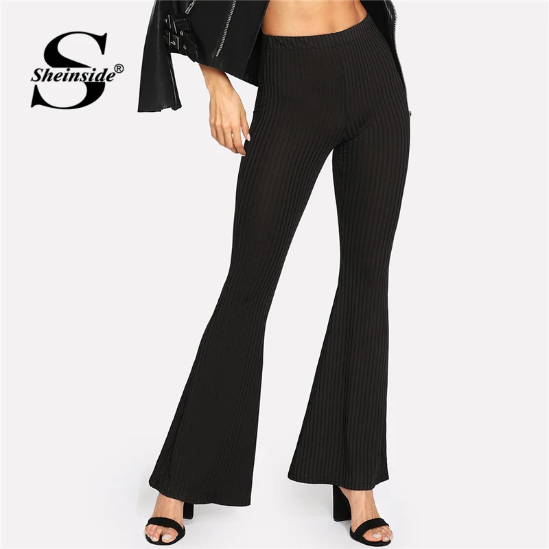 Sheinside Black Ribbed Flare Pants Elastic Waist Trousers Women Streetwear Pants and Capris 2019 Autumn Elegant Flare Leg Pants