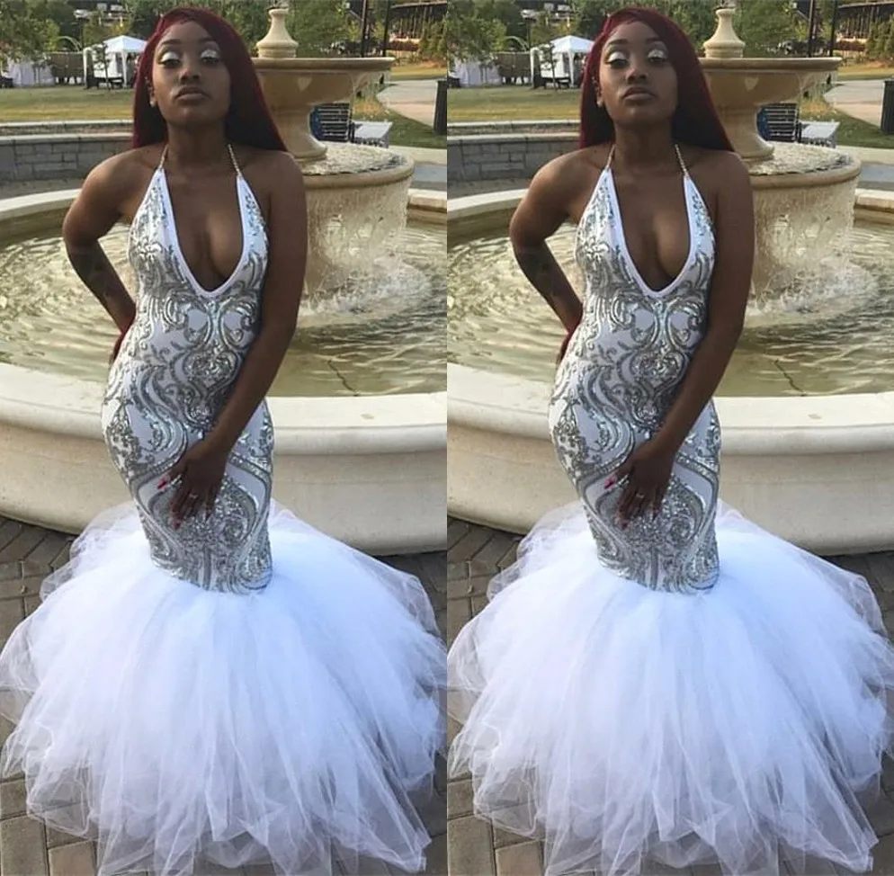 

White Mermaid Prom Dresses 2020 Gorgeous V-neck Halter Silver Sequin Top African Black Girl Long Prom Dress