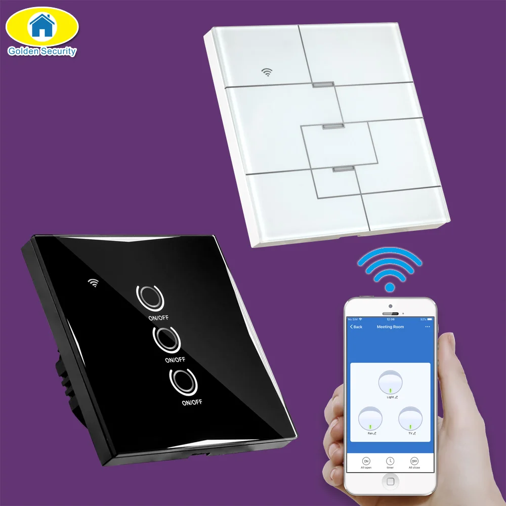 Golden Security APP Control EU Standard WiFi Switch Wall Touch Switch Work with Alexa,3 Gang 3 Way Switch, AC 100-240V
