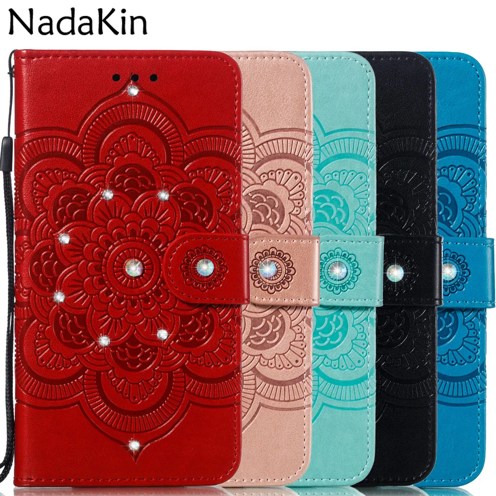 

Luxury Rhinestone Diamond Flip Book Case Shell for iPhone X XS MAX XR 7 8 Plus Leather Wallet Flower Cover With Strap