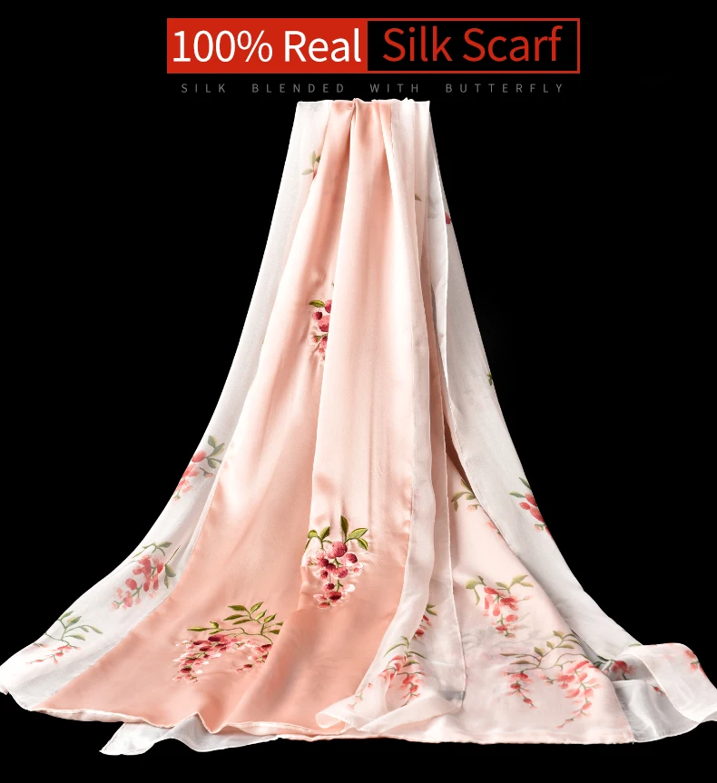 CHUQU Natural Double Silk Scarf Women Luxury Brand Real Silk Hand-Embroidery Headscarves Ladies Pure Silk Shawls Wraps