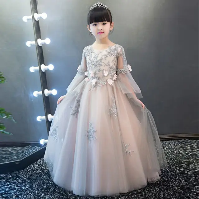 Kids Girls Flare sleeves Embroidery Flower Tulle Princess Dress Teenagers Evening Formal For Wedding Birthday Party Vestidos Q79
