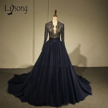 Скромные темно-синие кружевные вечерние платья с длинными рукавами, украшенные жемчугом, Длинные вечерние платья, саудовская Арабская одежда Abendkleider