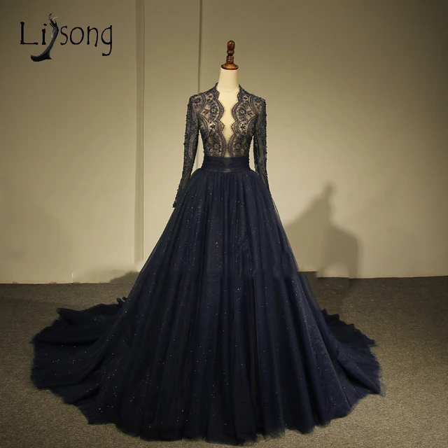 Navy Blue Lace Couture Dress