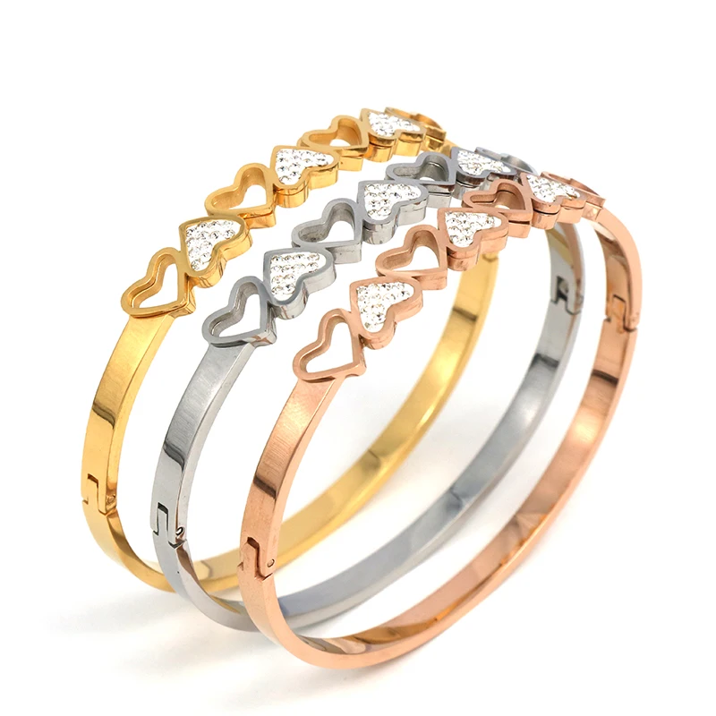 

2018 New heart shape 316L Stainless Steel Cuff Bracelet For Women CZ Bracelets & Bangles 3 Colors Choices