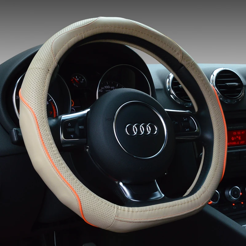 

KKYSYELVA Car leather steering wheel cover D-type car with four seasons universal handle