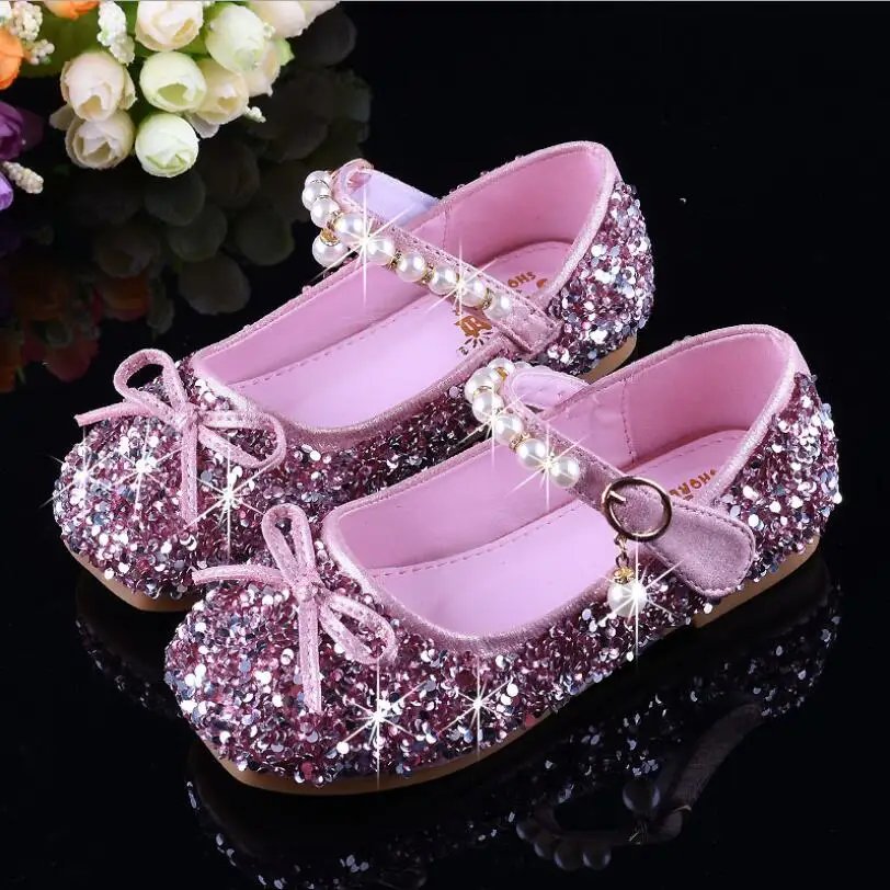 Весенне-Осенняя обувь принцессы из искусственной кожи с бантом на низком каблуке со стразами для девочек, Розовая обувь для маленьких