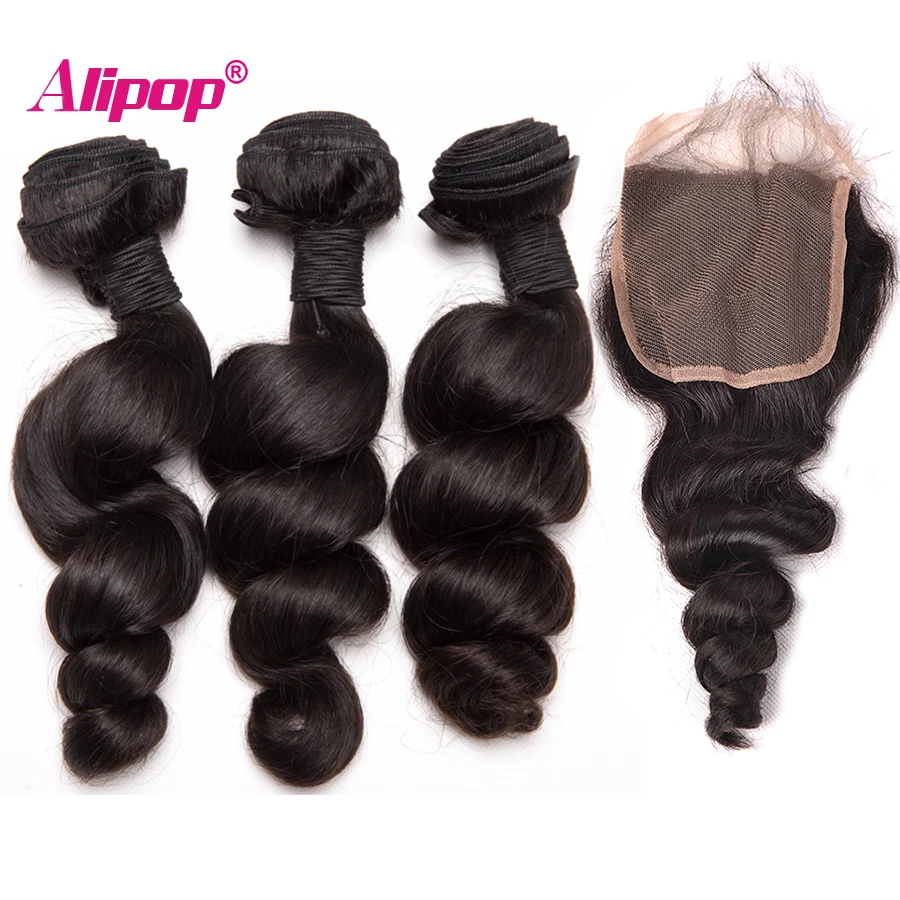 

Loose Wave 3 Bundles With Closure Human Hair Bundles With Closure Brazilian Hair Weave Bundles ALIPOP Lace Closure Remy 4 PCS