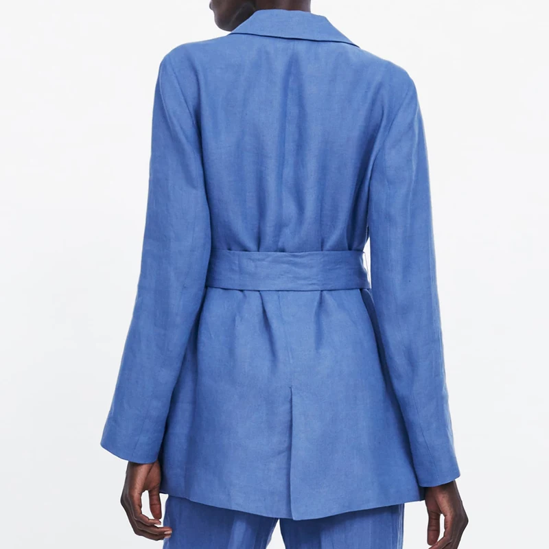 YNZZU Summer blue with belt blazer 2019 new arrivalTurn down collar loose women jacket Linen pocket office lady blazer YO804