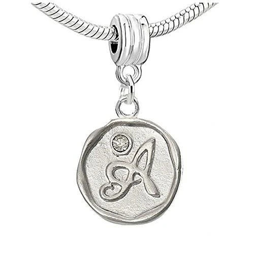 Alphabet Letter A Carved with Clear  Crystals Charm Dangle Bead Compatible with European Snake Chain Bracelets