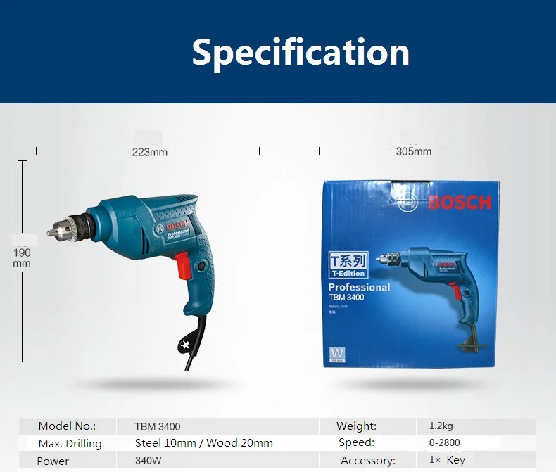 Original BOSCH Classical Power Drill TBM 3400 DIY Electric 220V Power Driver Drill Bits Tool for Woodworking Steel hole Drill