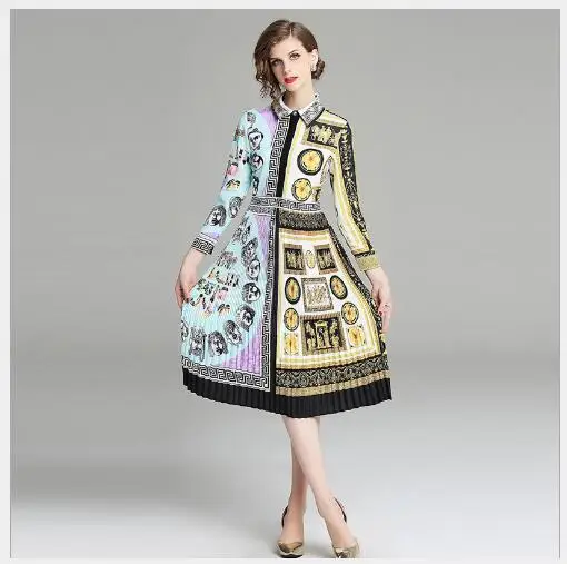 Women Dress 2019 New Spring Turn Down Collar Contrast Color Printing Female Fashion Casual Long Sleeve Slim A-Line | Женская одежда