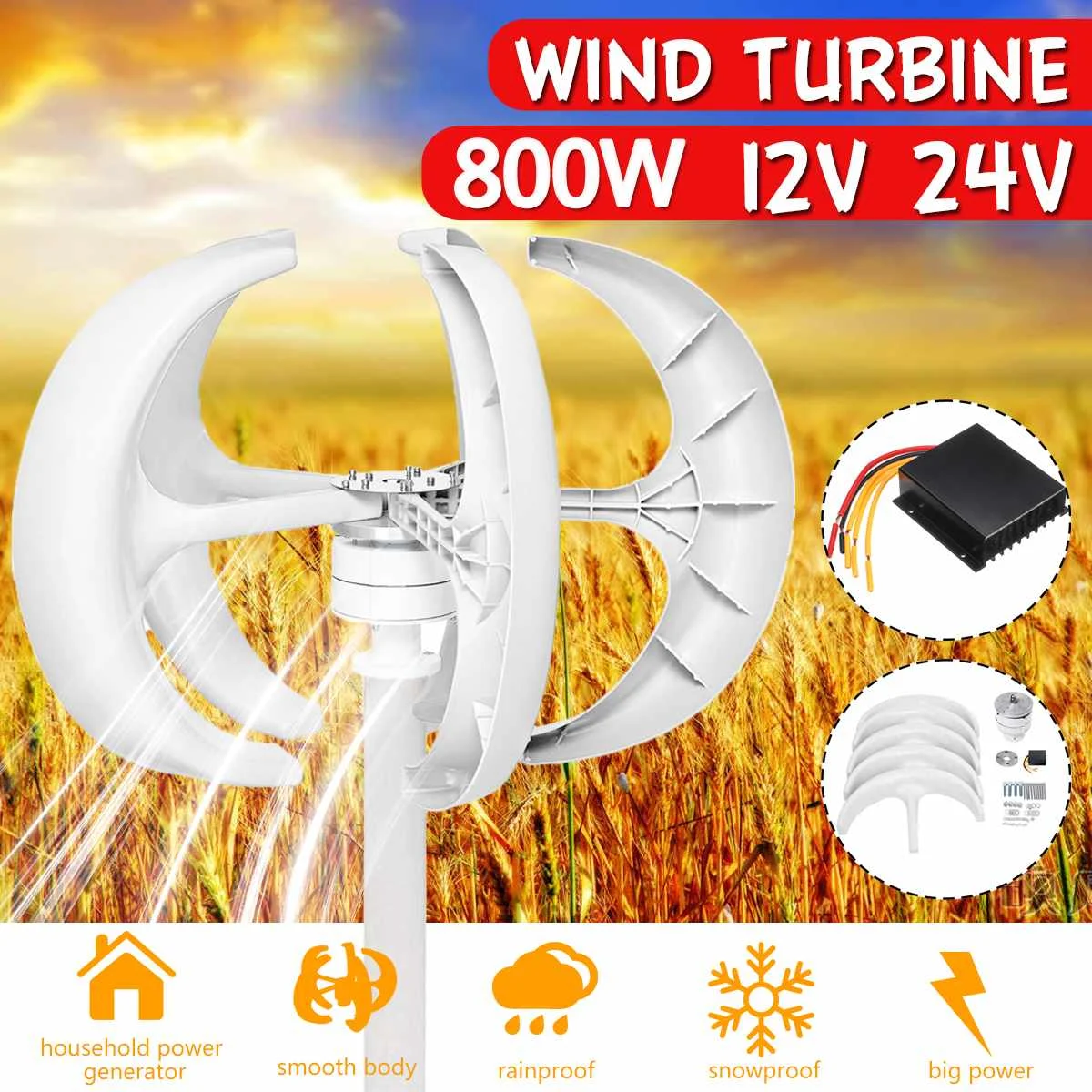 

800W Vertical Axis Wind Turbines Generator Lantern 12V 24V 5 Blades Motor Kit For Home Hybrid Streetlight Use Electromagnetic