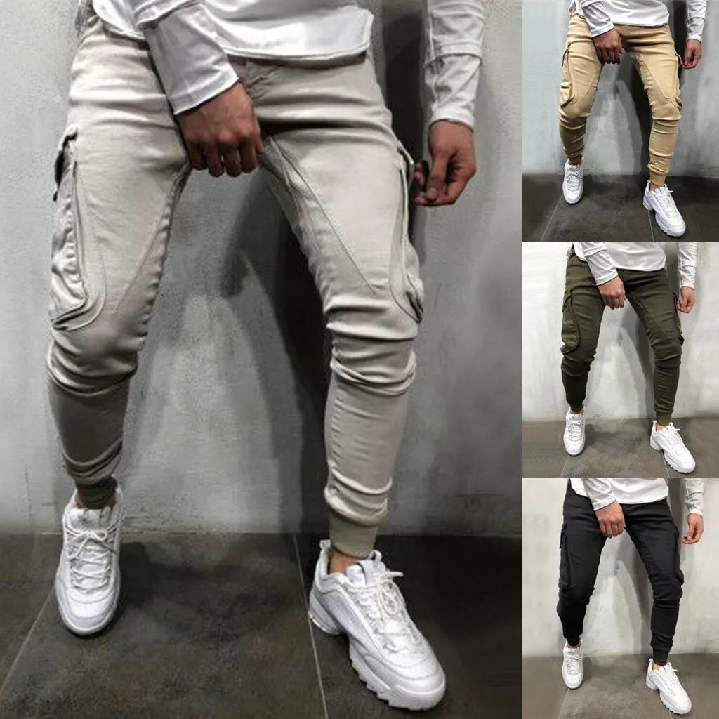 Модные мужские тонкие однотонные повседневные спортивные тканые брюки с карманами, крутые мужские брюки высокого качества, бренд