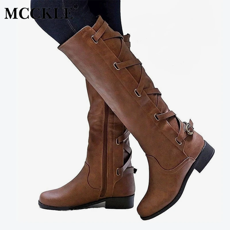 

MCCKLE Plus Size Women Fashion Platform Thick Heels Knee Boots Female Zipper Lace Up Buckle Autumn Shoes Drop Shipping
