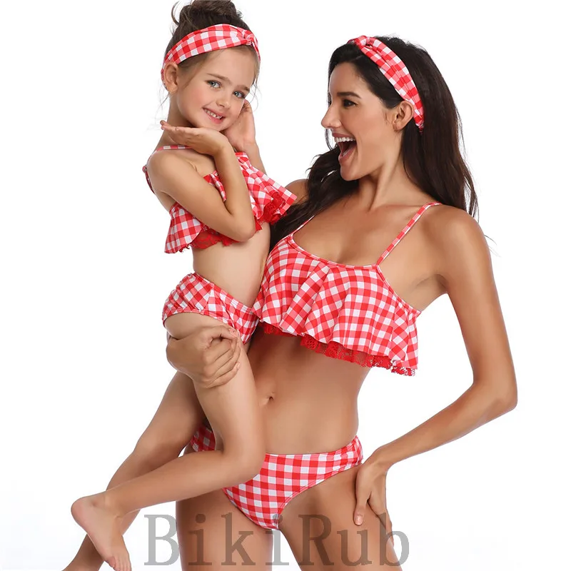 

Family Matching Bikinis Swimsuits Mother daughter Clothes Outfits Female Tassel Red Swimwear Beachwear Parent Child Bathing Suit