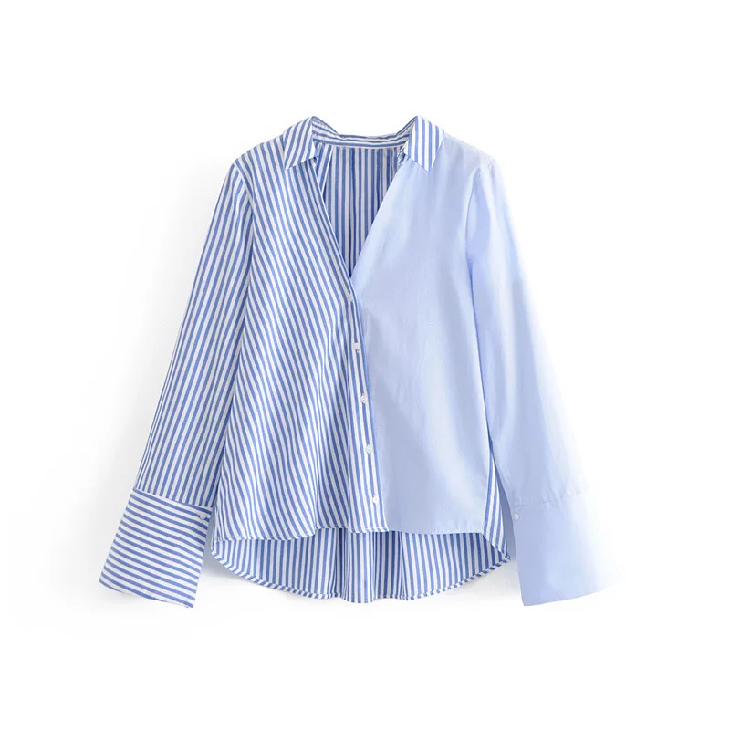 

CS182 New Fashion Women Striped Print Patchwork Casual Blouse Match All Shirts Tops