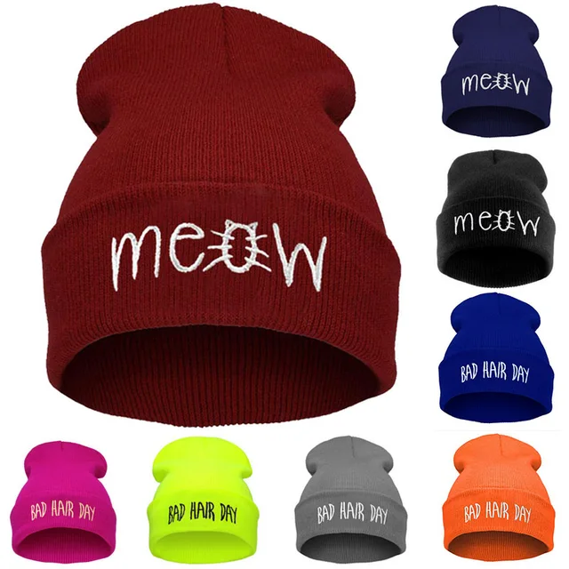 2018 Embroidery Meow Winter Hat Men Caps Women's Beanies Warm Hip Hop Bonnet Wool Blends Knitted Hat Female Skullies Beanies