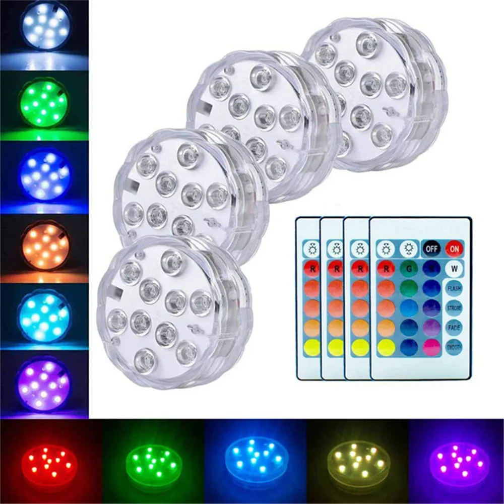 4PC 10-LEDs Underwater lamp IP68 Waterproof Multi Color Battery Operated Remote Control   lights for Hot Tub,Pond,Pool