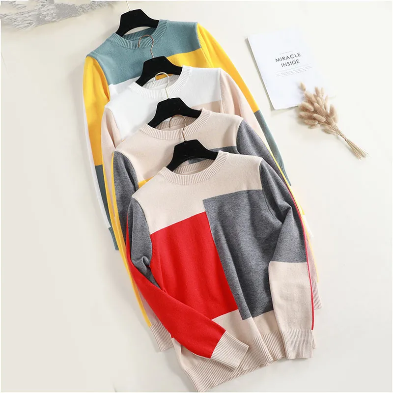 New Arrival ! Casual spring autumn loose sweater pullovers women long sleeve patchwork knit top female o-neck geometric sweater