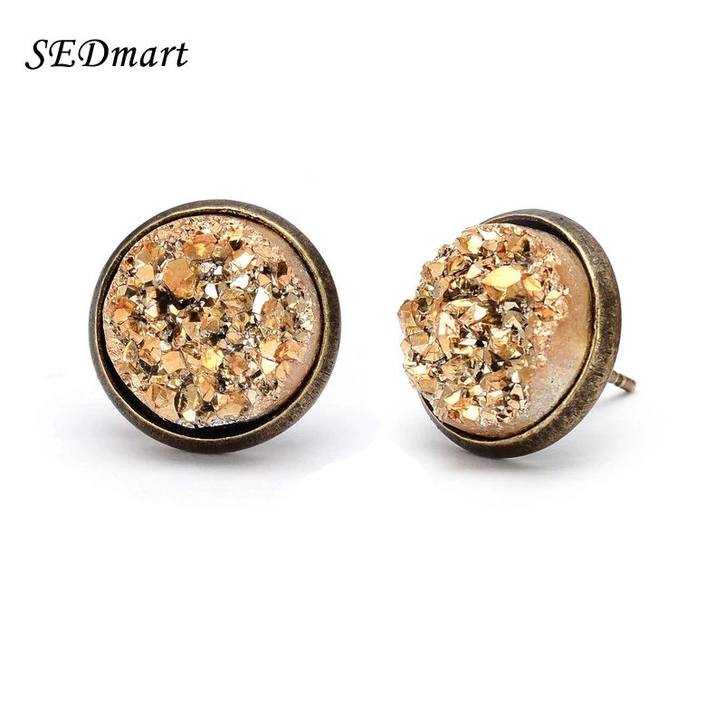 SEDmart Boho Bronze Golden Round Drusy Druzy Quartz Natural Stone Stud