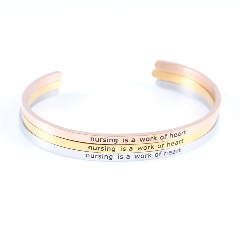 Nouveau Soins Infirmiers Graves En Acier Inoxydable Est Un Travail De Coeur Inspirant Citation A La Main Manchette Mantra Bracelet Bracelet Bracelet Pour Infirmiere Aliexpress