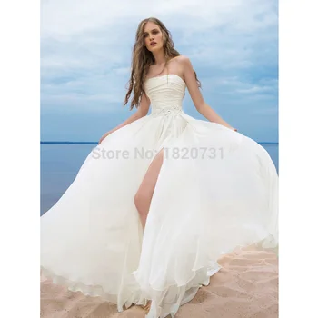 

New Sexy Beach High Split Wedding Dress Pleats Beading Strapless Off-Shoulder Bridal Gown Vestido De Noiva Robe De Mariee